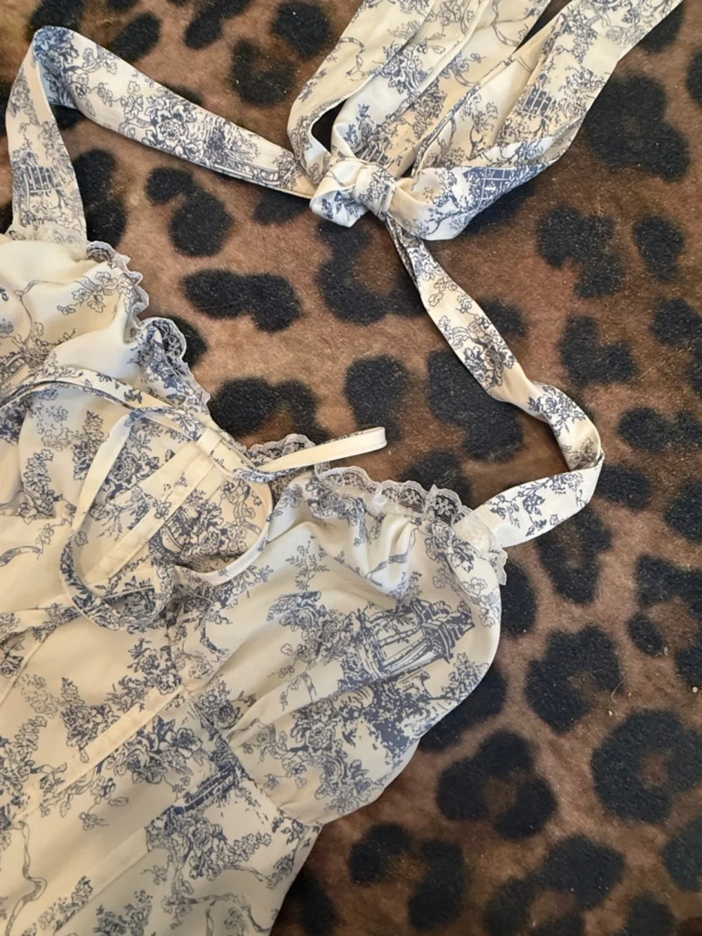 Light Cream & Blue Toile Halter Maxi Dress - Picture 4 of 6